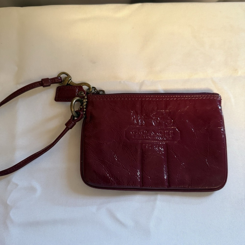 Coach Maroon Patent Leather Corner Zip Large Logo Wristlet Bag Pouch